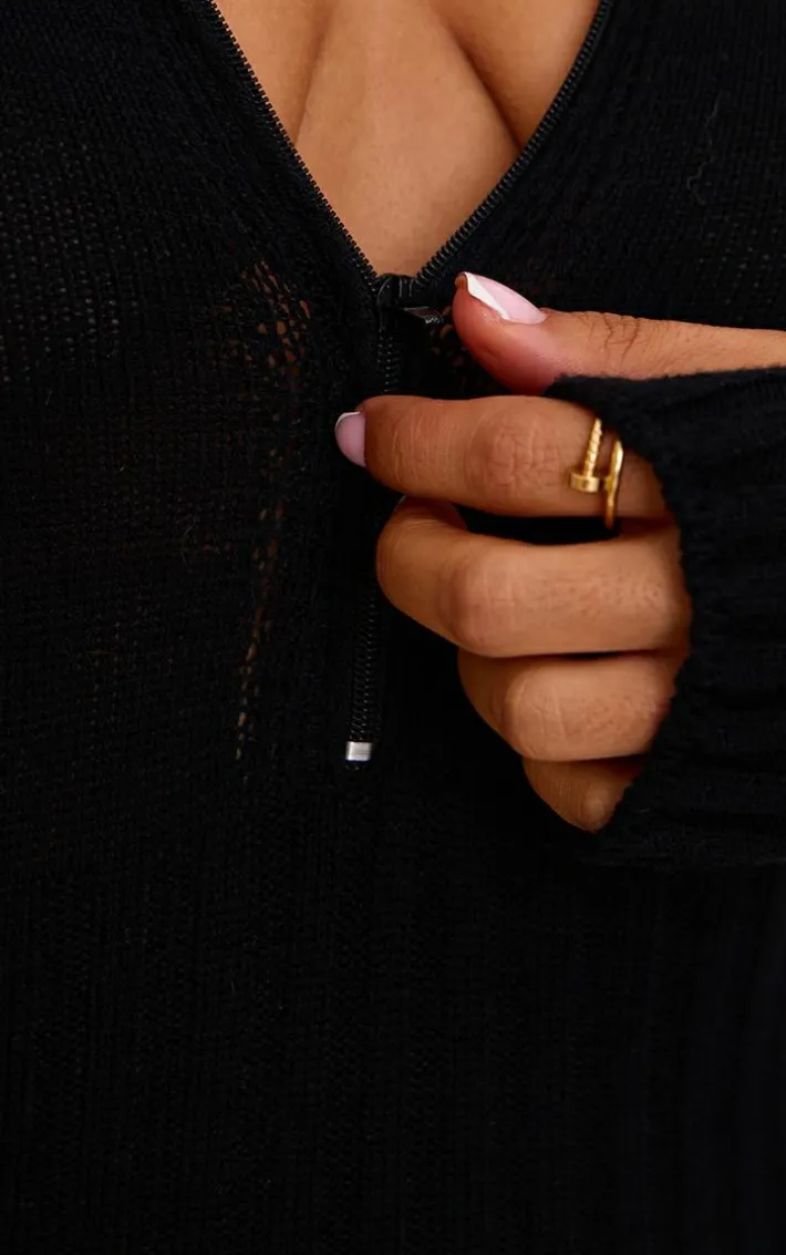 Petite Black Knitted Flared Zip Up Jumpsuit