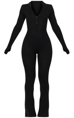 Petite Black Knitted Flared Zip Up Jumpsuit