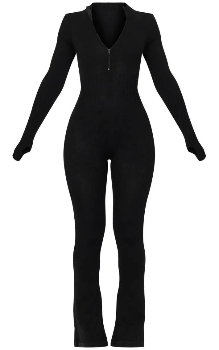 Petite Black Knitted Flared Zip Up Jumpsuit