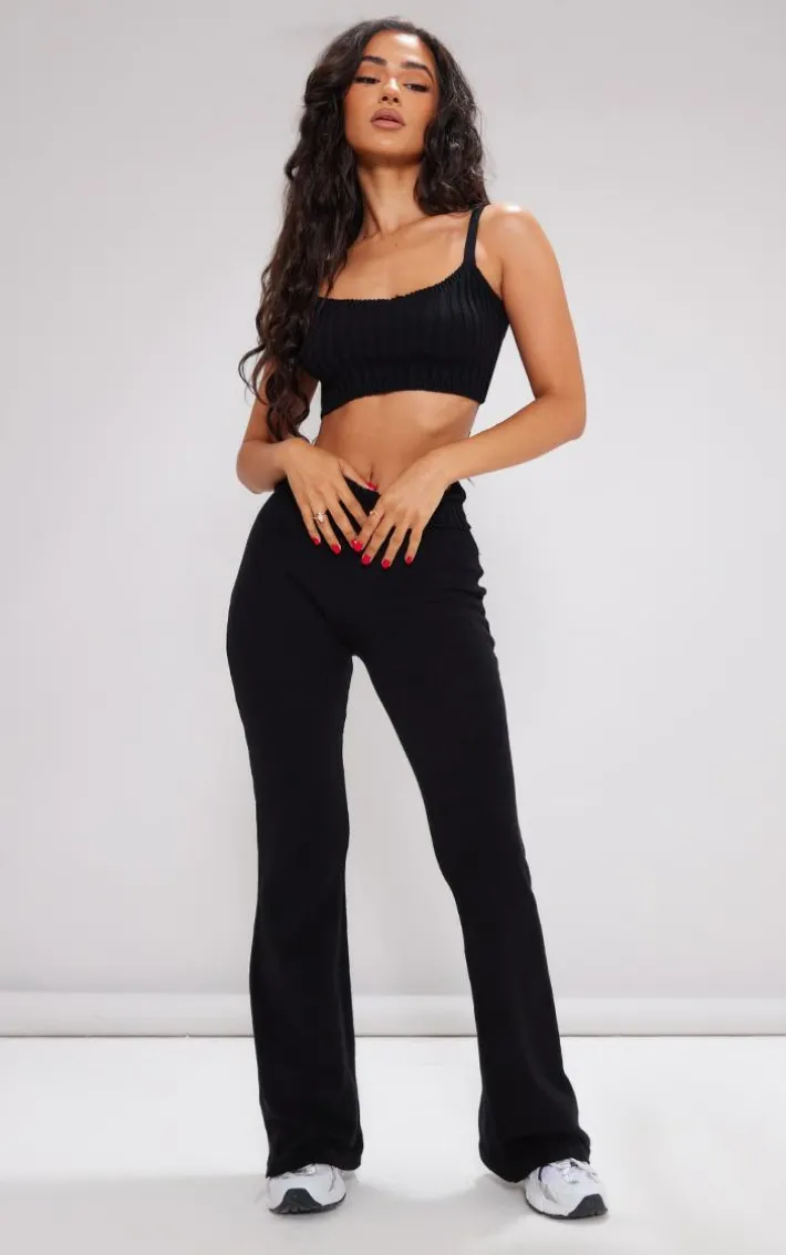 Petite Black Knitted Fold Over Flared Pants