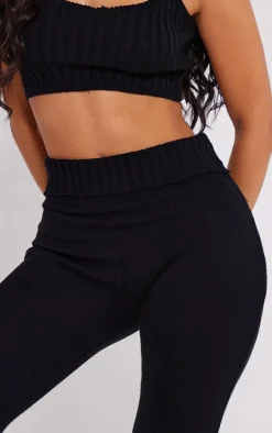 Petite Black Knitted Fold Over Flared Pants