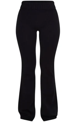 Petite Black Knitted Fold Over Waist Flared Pants