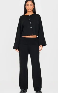 Petite Black Knitted Fold Over Flare Pants