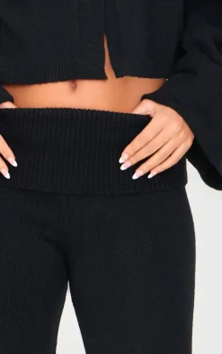 Petite Black Knitted Fold Over Flare Pants