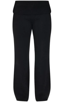 Petite Black Knitted Fold Over Flare Pants