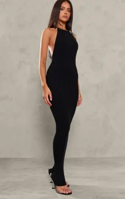 Petite Black Knitted Open Back Maxi Dress