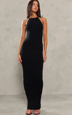 Petite Black Knitted Open Back Maxi Dress