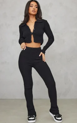 Petite Black Knitted Rib High Waisted Skinny Flares
