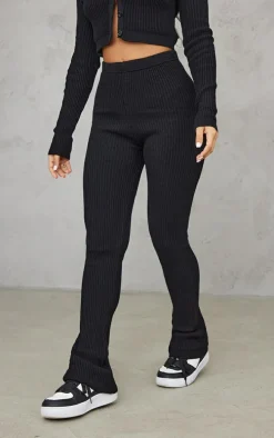 Petite Black Knitted Rib High Waisted Skinny Flares