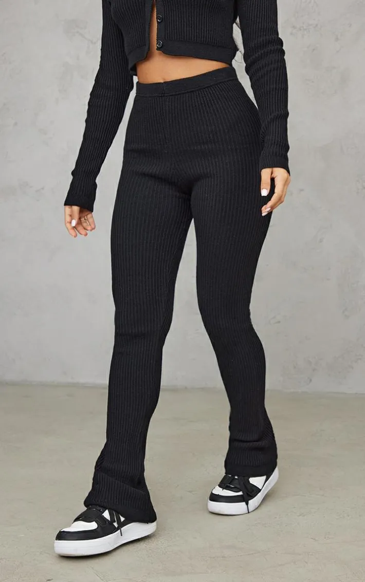 Petite Black Knitted Rib High Waisted Skinny Flares
