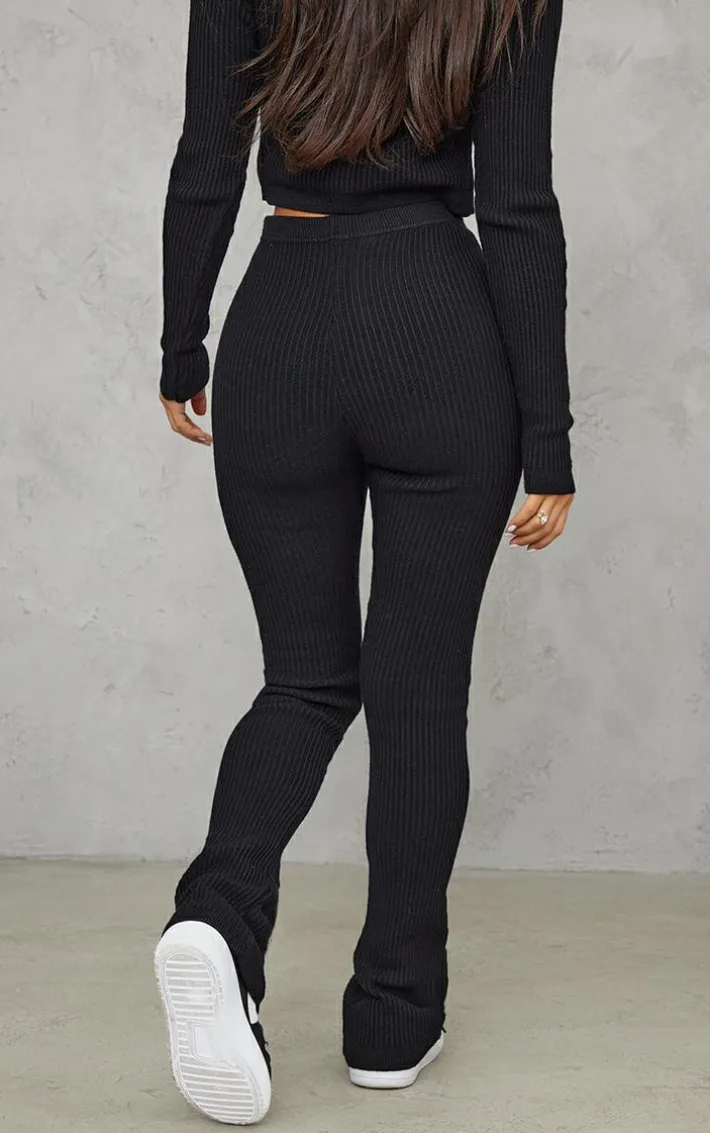 Petite Black Knitted Rib High Waisted Skinny Flares