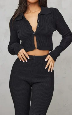 Petite Black Knitted Rib High Waisted Skinny Flares