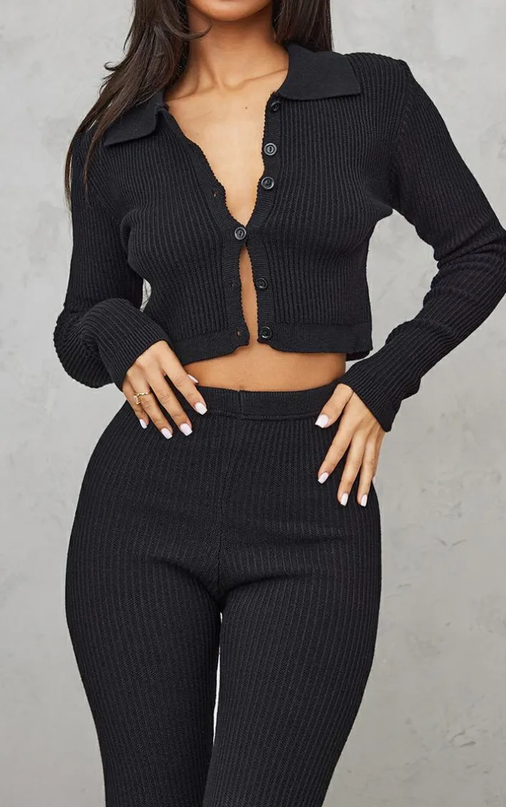 Petite Black Knitted Rib High Waisted Skinny Flares