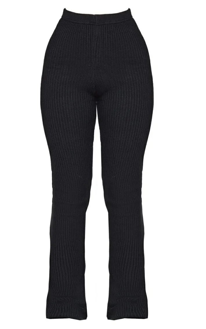 Petite Black Knitted Rib High Waisted Skinny Flares