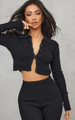 Petite Black Knitted Rib Cropped Cardigan