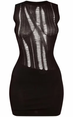 Petite Black Knitted Sheer Side Cut Out Mini Dress