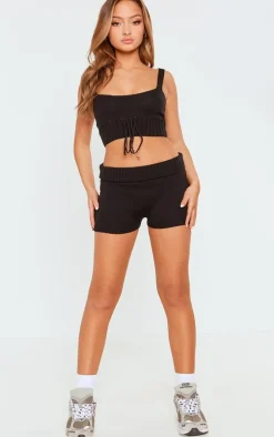 Petite Black Knitted Strappy Tie Front Crop Top
