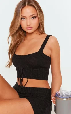 Petite Black Knitted Strappy Tie Front Crop Top