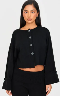Petite Black Knitted Turn Up Sleeve Cardigan