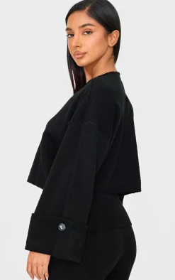 Petite Black Knitted Turn Up Sleeve Cardigan