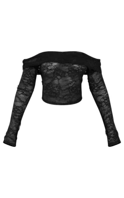 Petite Black Lace Bardot Long Sleeve Top