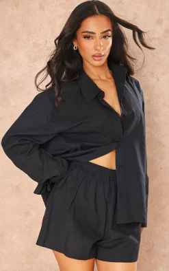 Petite Black Linen Look Button Up Shirt