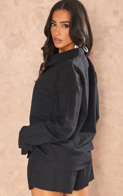 Petite Black Linen Look Button Up Shirt