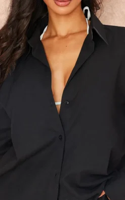 Petite Black Linen Look Button Up Shirt