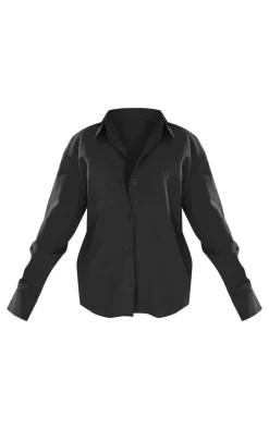 Petite Black Linen Look Button Up Shirt