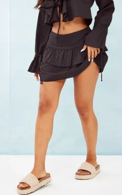 Petite Black Linen Look Frill Detail Mini Skirt