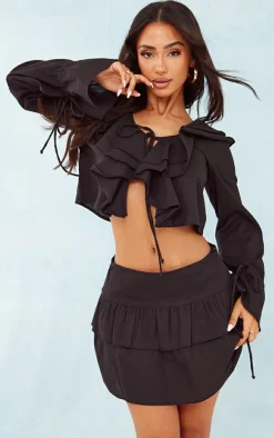 Petite Black Linen Look Frill Detail Mini Skirt