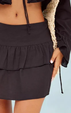 Petite Black Linen Look Frill Detail Mini Skirt