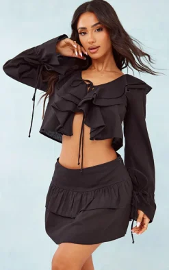 Petite Black Linen Look Frill Detail Tie Front Blouse