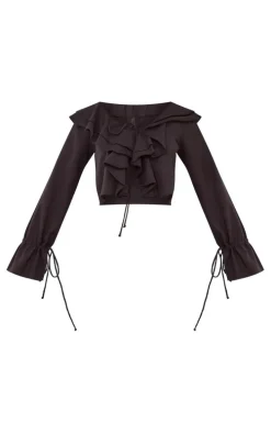 Petite Black Linen Look Frill Detail Tie Front Blouse