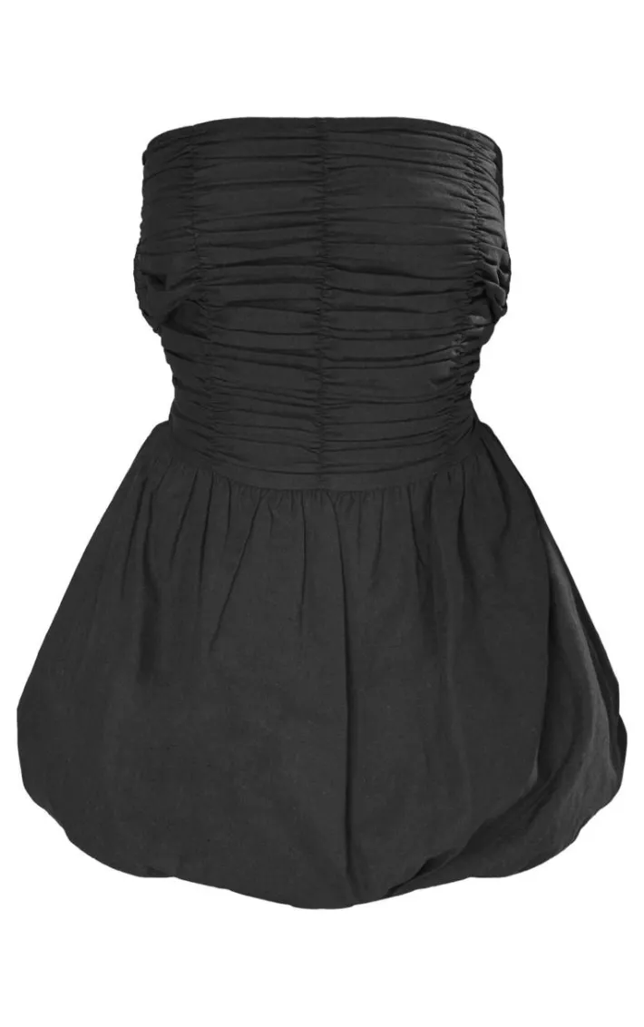 Petite Black Linen Look Ruched Puffball Mini Dress