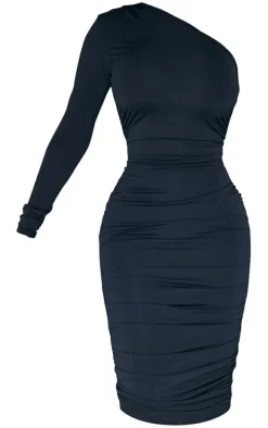 Petite Black Long Sleeve Slinky Ruched Bodycon Dress