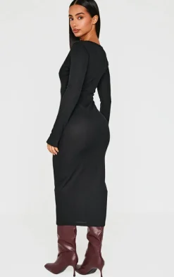 Petite Black Long Sleeve Brushed Rib Button Midi Dress