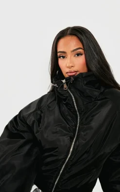 Petite Black Longline Pocket Detail Puffer Coat