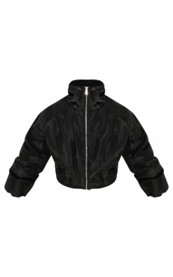 Petite Black Longline Pocket Detail Puffer Coat