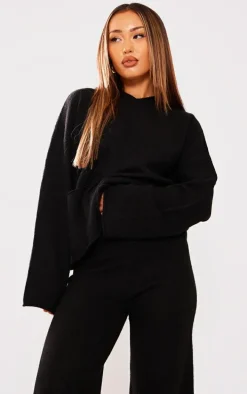 Petite Black Luxe Knit Pocket Hooded Sweater