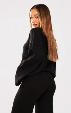 Petite Black Luxe Knit Pocket Hooded Sweater