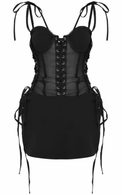 Petite Black Mesh Corset Lace-up Fitted Mini Dress