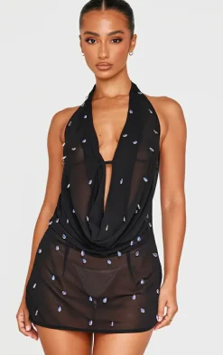 Petite Black Mesh Embellished Mini Dress