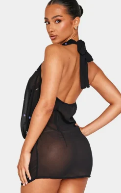 Petite Black Mesh Embellished Mini Dress