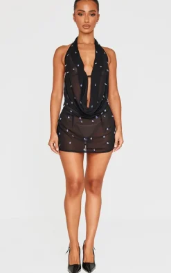 Petite Black Mesh Embellished Mini Dress