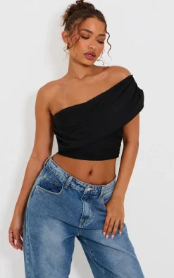 Petite Black Mesh One Shoulder Ruched Crop Top