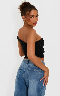 Petite Black Mesh One Shoulder Ruched Crop Top