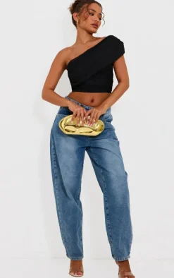 Petite Black Mesh One Shoulder Ruched Crop Top