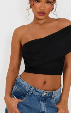 Petite Black Mesh One Shoulder Ruched Crop Top