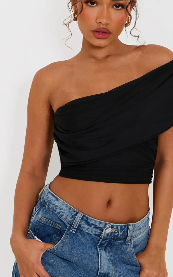 Petite Black Mesh One Shoulder Ruched Crop Top